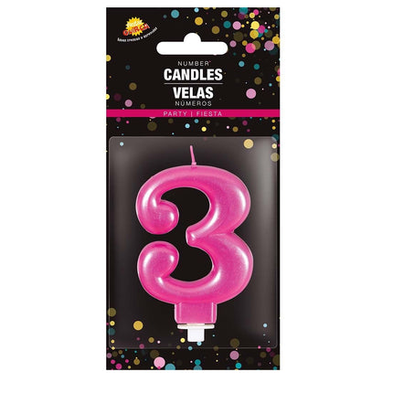 Candela rosa 3 anni metallizzata 8 cm