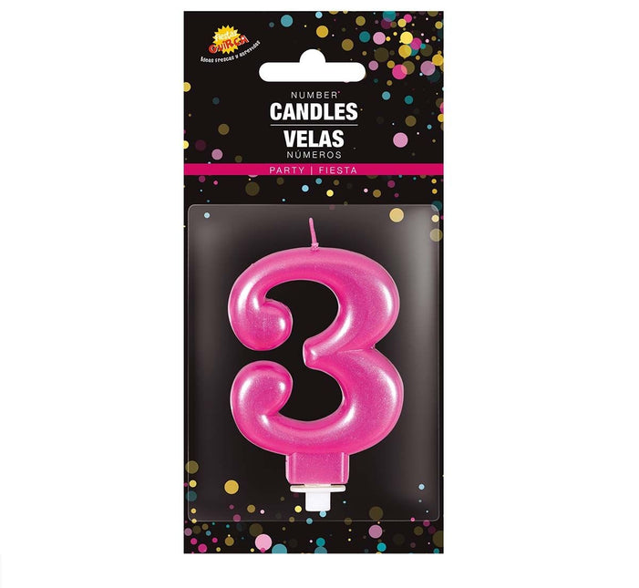 Candela rosa 3 anni metallizzata 8 cm