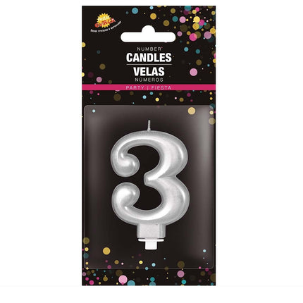 Candela d'argento 3 anni metallizzata 8 cm