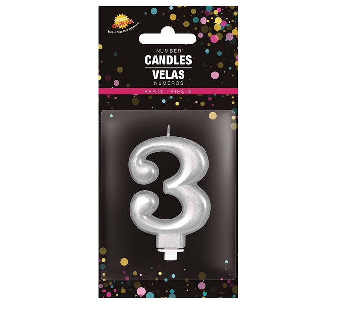 Candela d'argento 3 anni metallizzata 8 cm