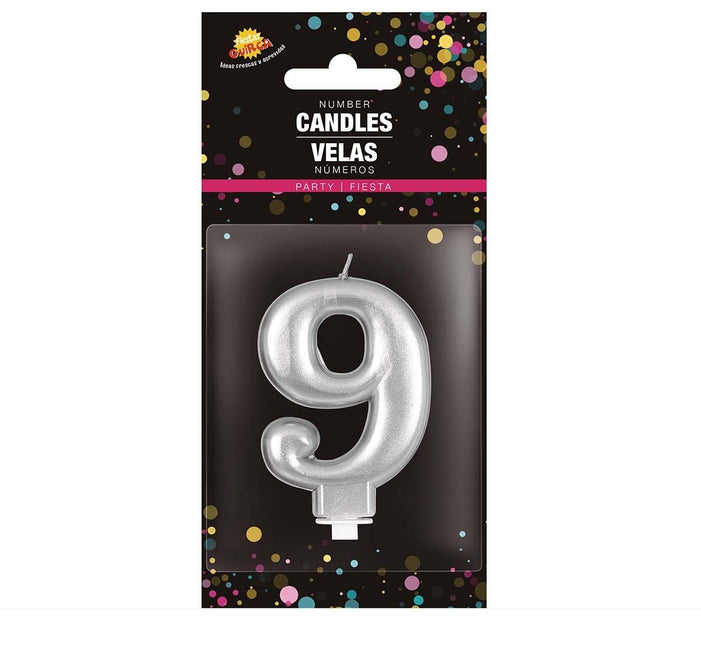 Candela d'argento 9 anni metallizzata 8 cm