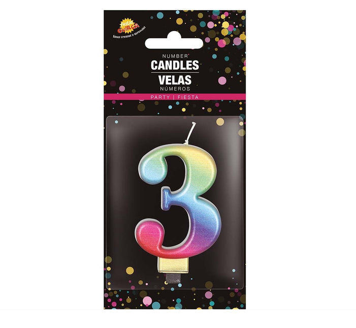 Candela arcobaleno 3 anni metallizzata 8 cm