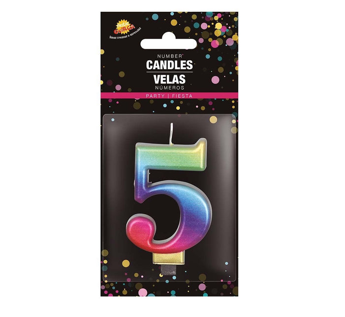 Candela arcobaleno 5 anni metallizzata 8 cm