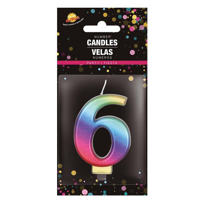 Candela arcobaleno 6 anni metallizzata 8 cm