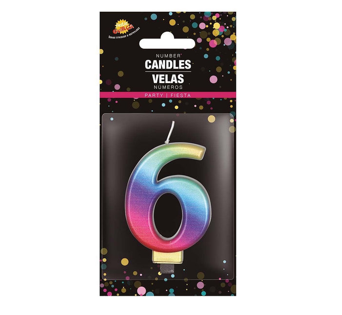 Candela arcobaleno 6 anni metallizzata 8 cm