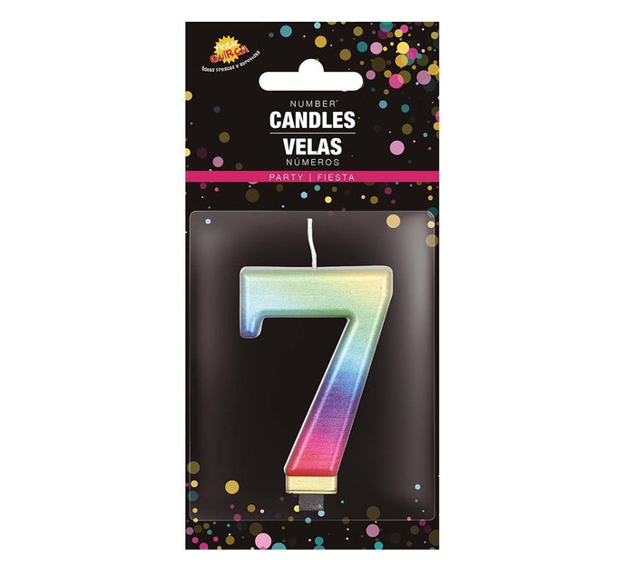 Candela arcobaleno 7 anni metallizzata 8 cm