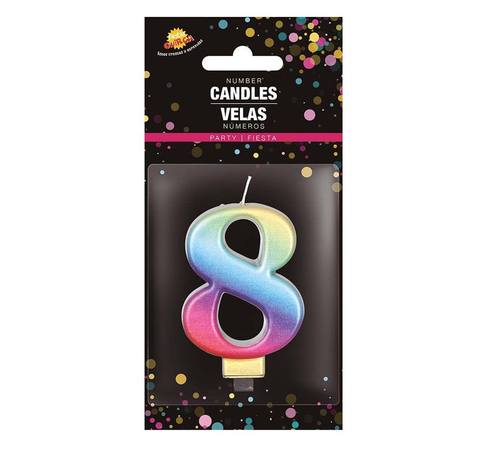 Candela arcobaleno 8 anni metallizzata 8 cm