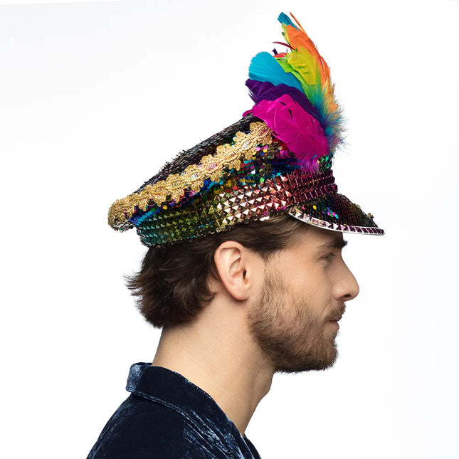 Cappello Arcobaleno Piume e Diamanti