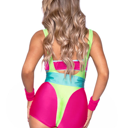 Neon 80S Costume Verde Rosa Donna Bodysuit Workout Leg Avenue