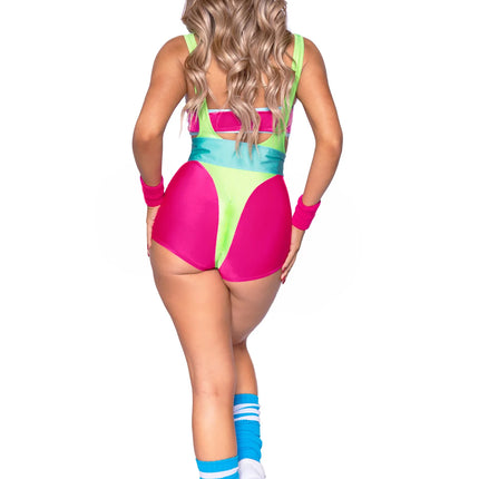 Neon 80S Costume Verde Rosa Donna Bodysuit Workout Leg Avenue