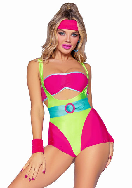 Neon 80S Costume Verde Rosa Donna Bodysuit Workout Leg Avenue