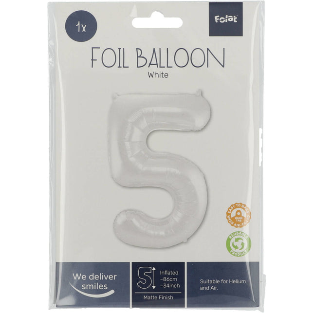 Palloncino Foil Figura 5 Bianco Opaco XL 86cm vuoto