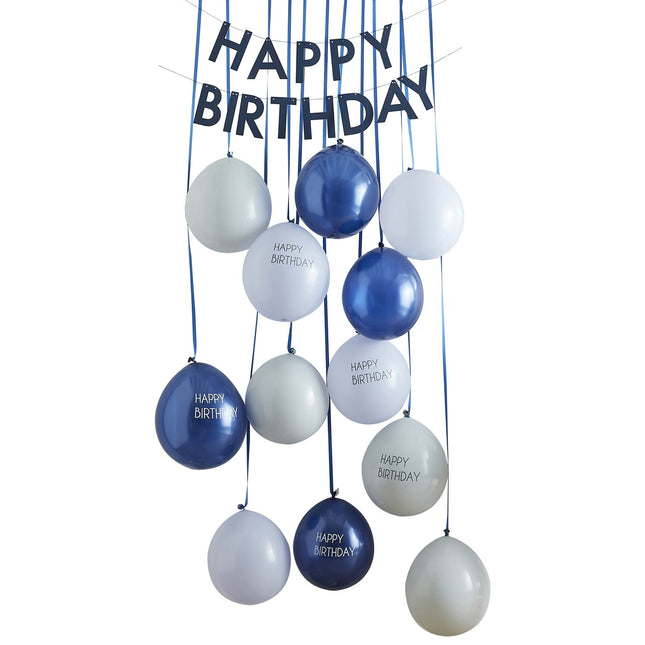 Tenda per porta blu di buon compleanno con palloncini