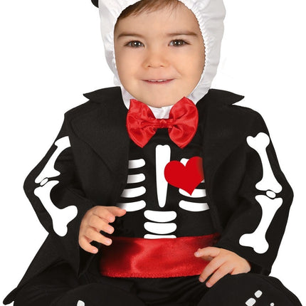 Costume di Halloween da scheletro per bambino con fiocco rosso