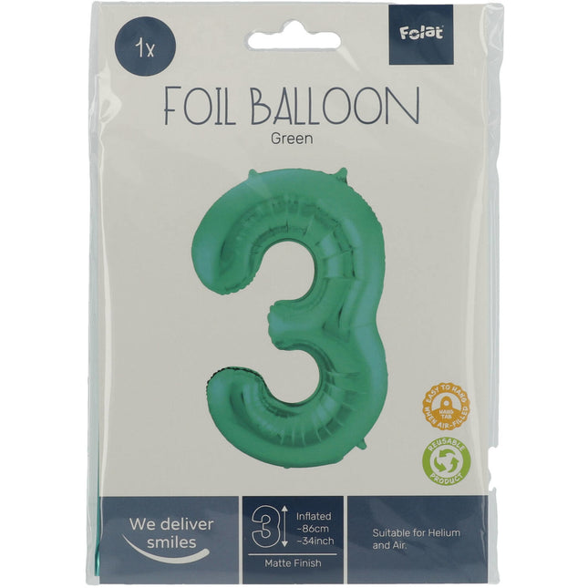 Palloncino Foil Figura 3 Verde Opaco XL 86cm vuoto