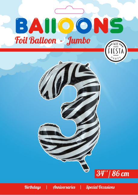 Pallone in foil Figura 3 Zebra XL 86cm vuoto