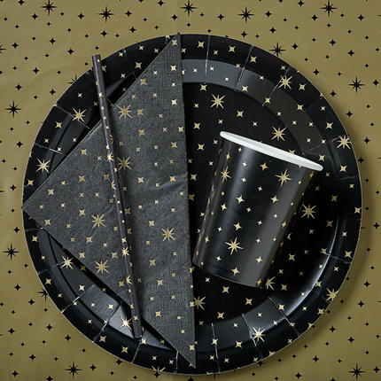 Cannucce di carta Oro Stelle Nero 20cm 8pz