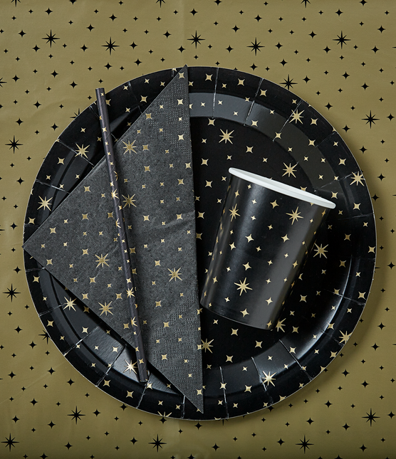 Cannucce di carta Oro Stelle Nero 20cm 8pz