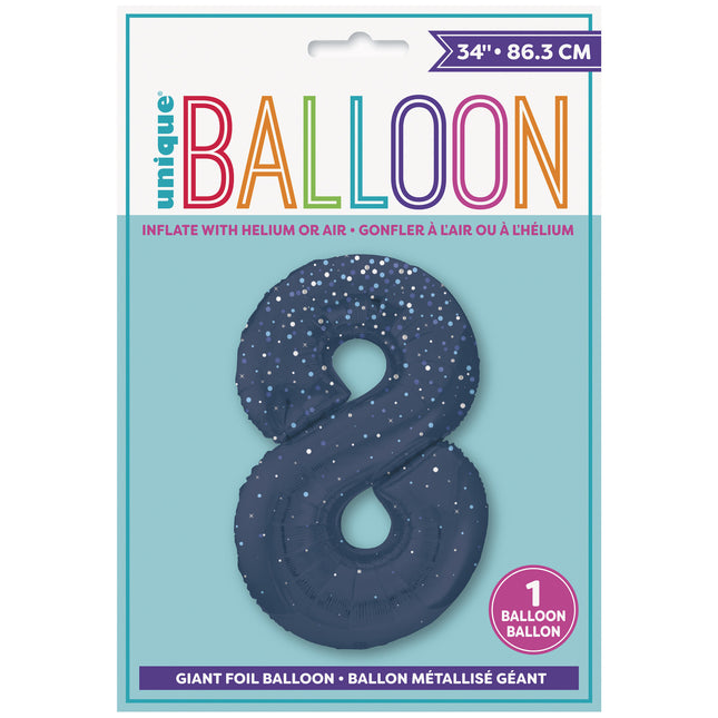 Palloncino 8 anni a forma di figura blu scuro a pois 86 cm