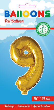 Palloncino in foil Figura 9 Oro 41cm con cannuccia