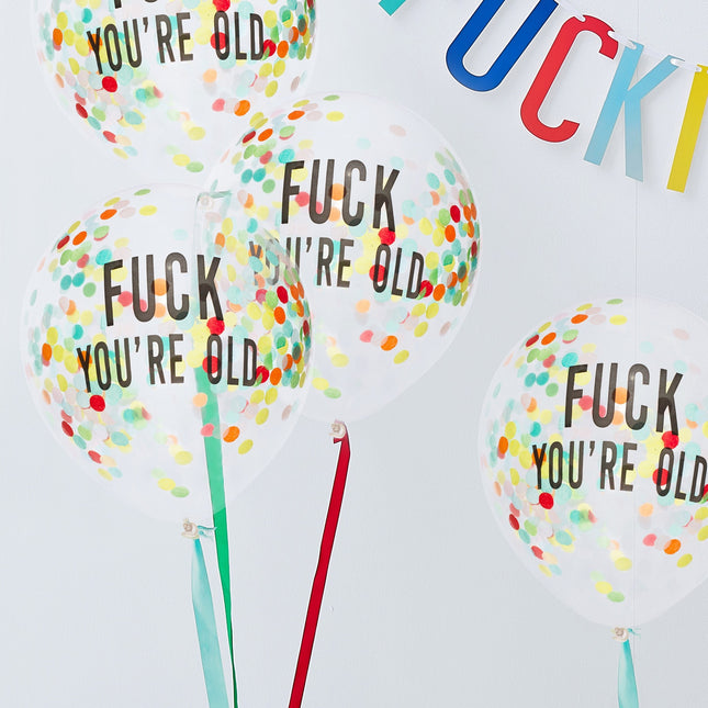 Palloncini trasparenti con coriandoli Fuck You're Old 30cm 5pz