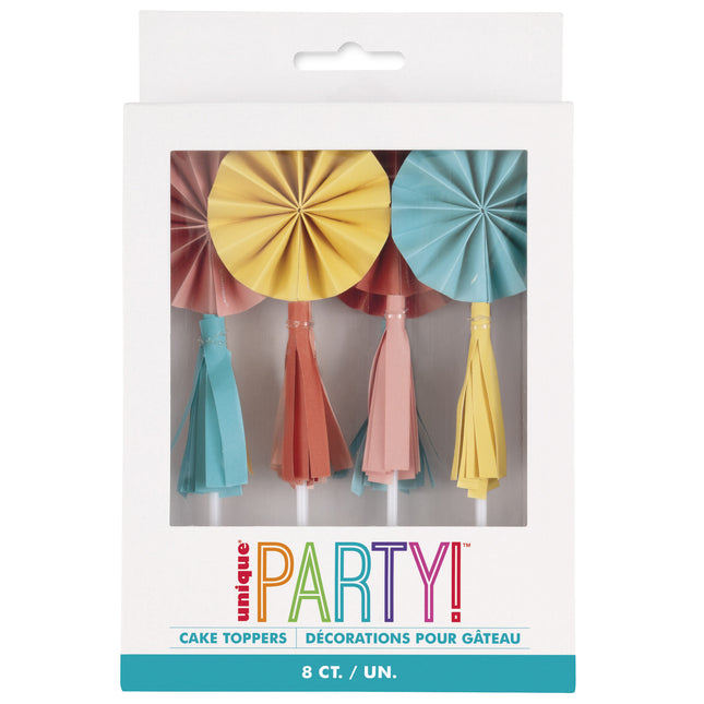 Toppers per cupcake colorati Mini ventaglio con nappe 8 pezzi