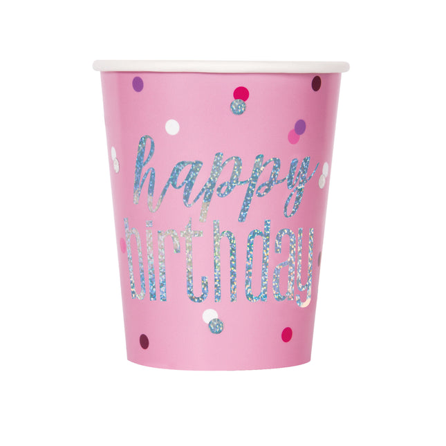 Tazze di Buon Compleanno Rosa Glitterate 266ml 8pz