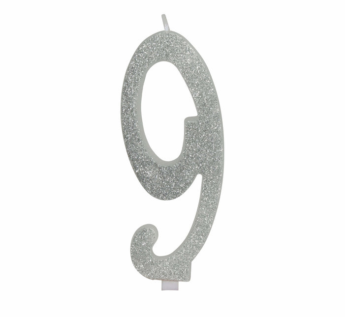 Candela Argento 9 Anni Glitter 12,5 cm