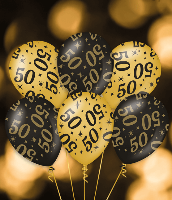 Palloncini 50 anni oro nero 30cm 6pz