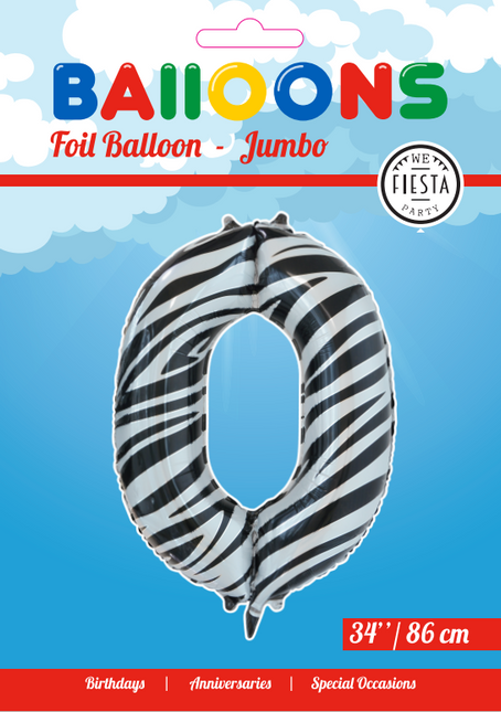 Palloncino in foil Numero 0 Zebra XL 86cm vuoto