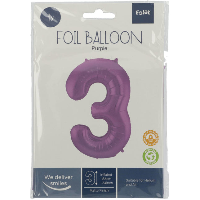 Palloncino Foil Figura 3 Viola Opaco XL 86cm vuoto