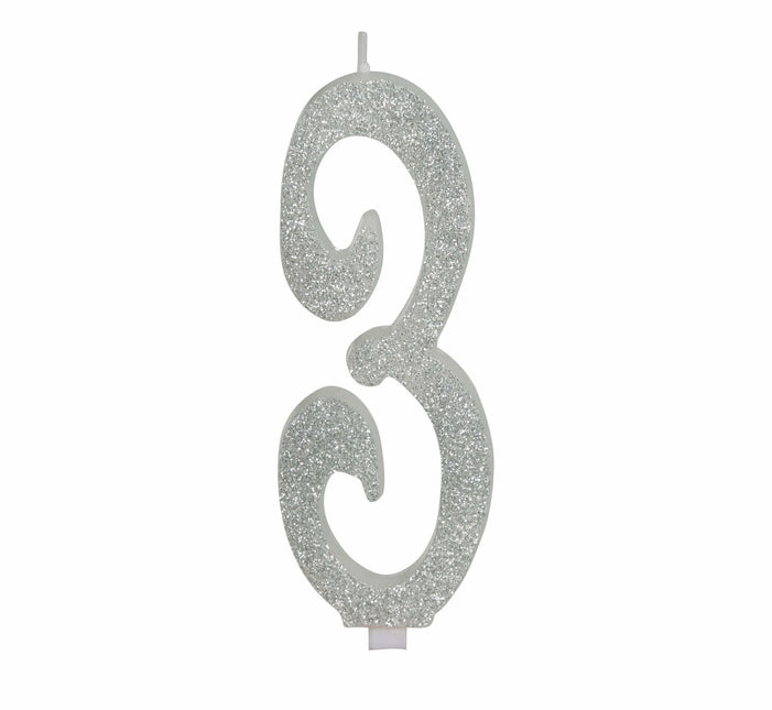 Candela Argento 3 Anni Glitter 12,5 cm