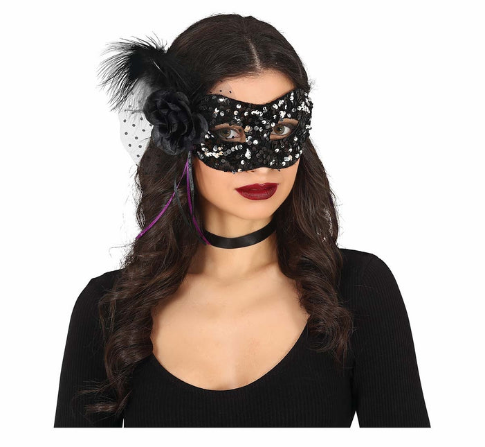 Maschera occhi nera con paillettes floreali