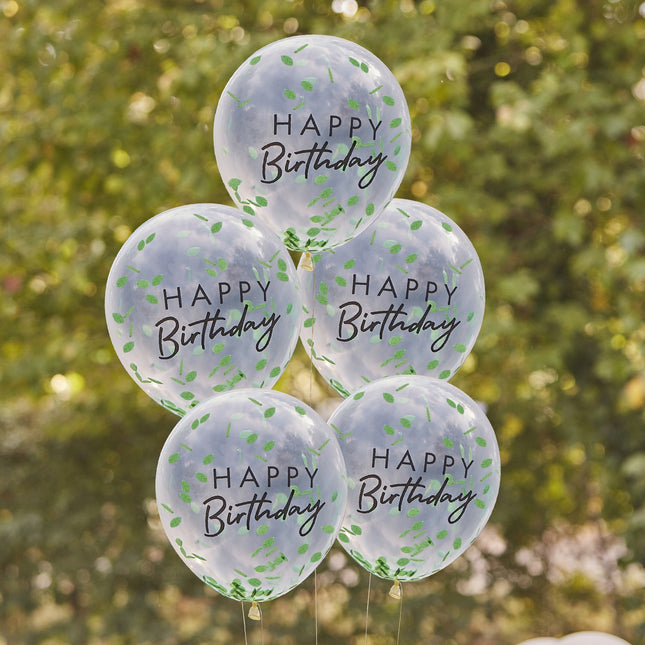 Palloncini coriandoli Happy Birthday Foglie 30cm 5pz