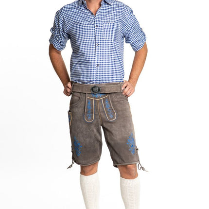 Lederhose in pelle corta blu e cintura