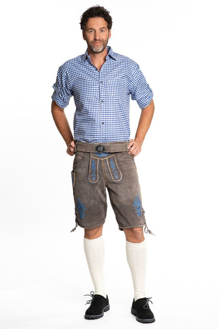 Lederhose in pelle corta blu e cintura