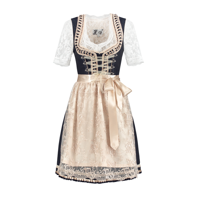 Dirndl 2-dlg blu-crema, grembiule in pizzo con raso