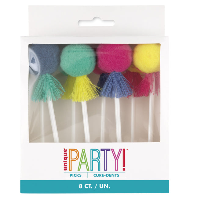 Topper per cupcake colorati Pom Pom e nappe 8 pezzi