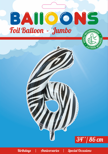 Pallone in foil Figura 6 Zebra XL 86cm vuoto