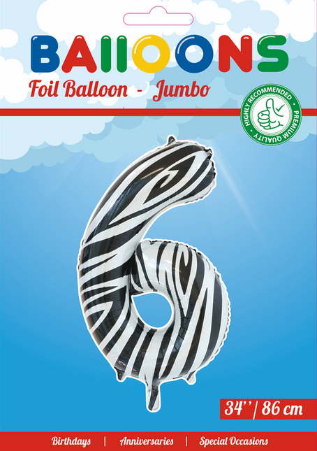 Palloncino in foil Figura 6 Zebra XL 86cm vuoto