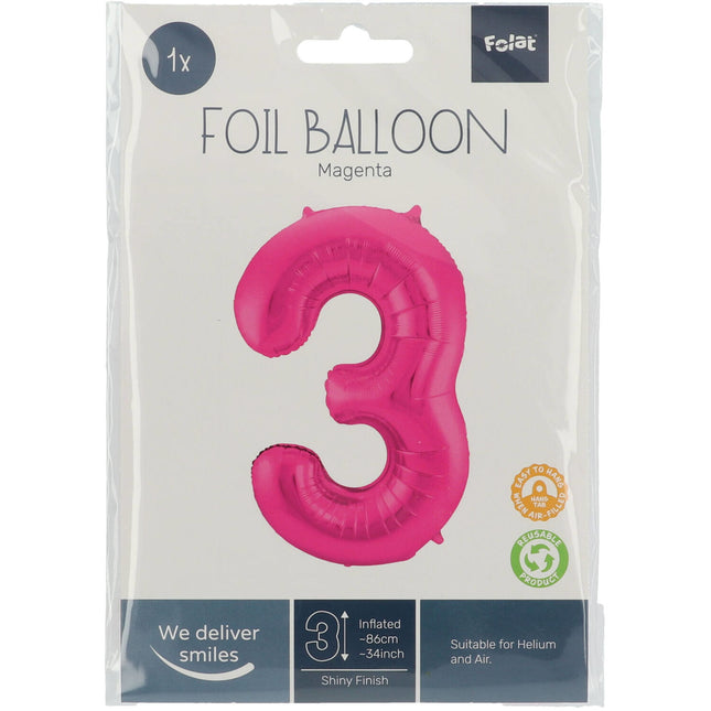 Palloncino Foil Figura 3 Fucsia Metallizzato XL 86cm vuoto