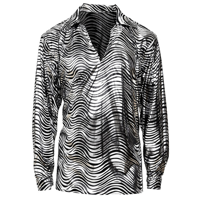 Camicia Disco 70S Argento Uomo Stampa Tigre