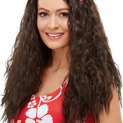 Parrucca Hawaii capelli lunghi castani con fiore Deluxe