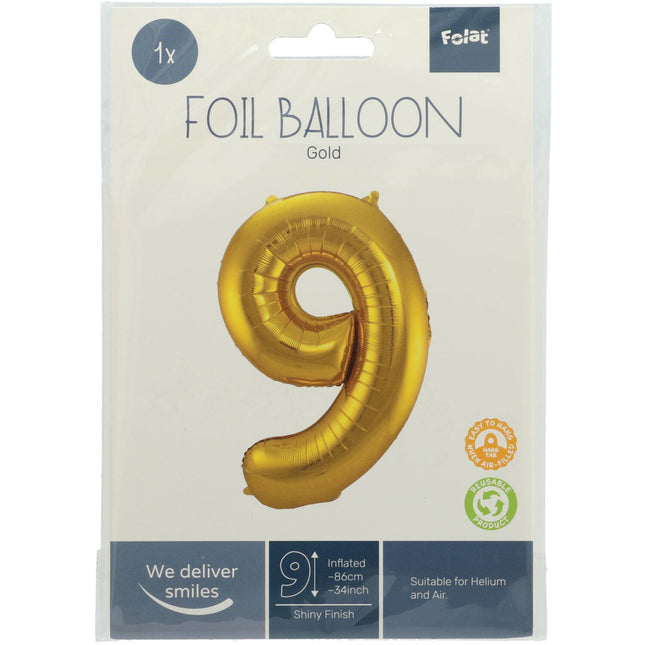 Palloncino Foil Figura 9 Oro Metallizzato XL 86cm vuoto