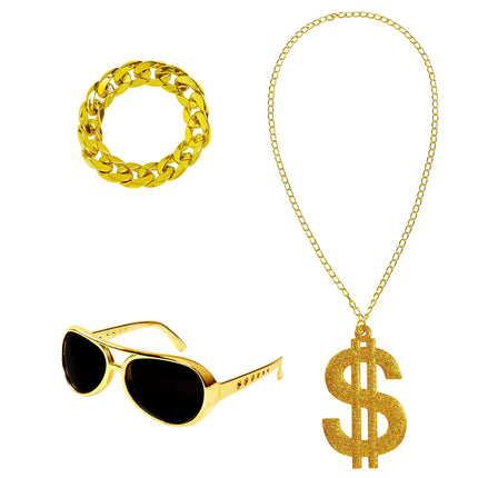 Set di accessori da rapper Oro 3 pezzi