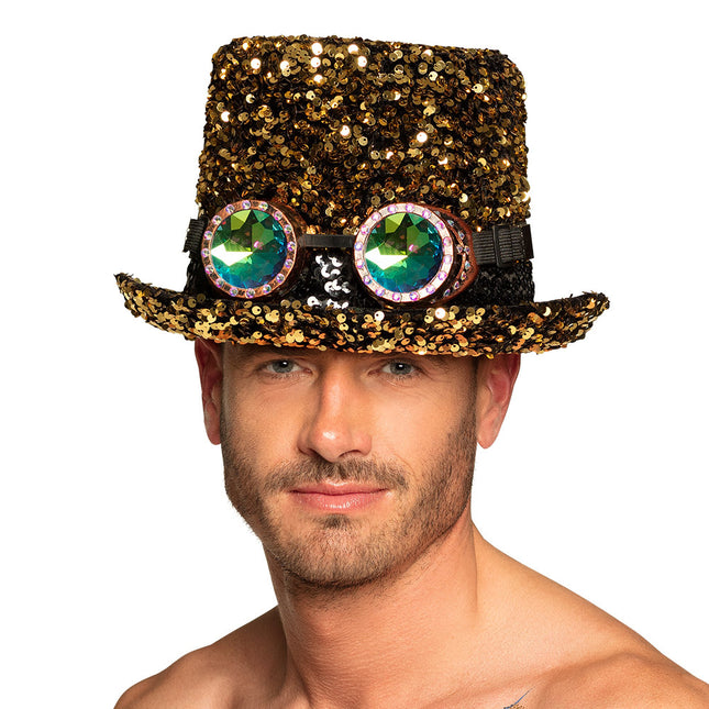 Cappello d'oro glitterato con occhiali