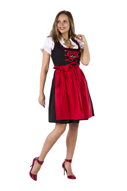 Dirndl nero-rosso con rose e volants