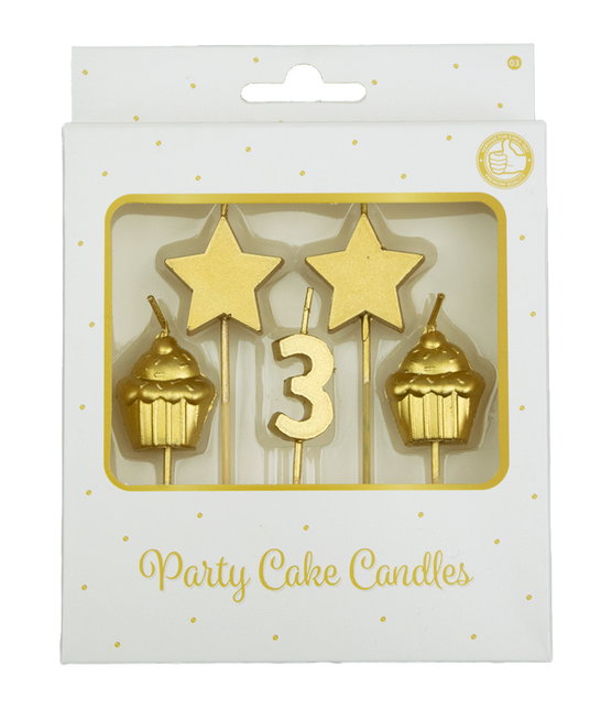 Candele 3 anni Cupcake Oro 17,5 cm