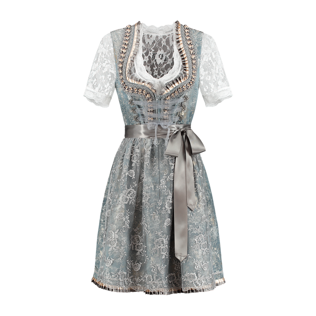 Dirndl 2-dlg blu antico/grigio argento, grembiule in pizzo