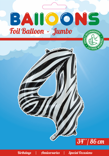 Palloncino in foil Figura 4 Zebra XL 86cm vuoto